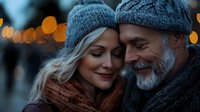 Mature couple in winter attire sharing intimate moment outdoors with bokeh lights in background, expressing romance, tenderness and connection during cold season.