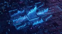 Futuristic holographic financial data visualization with glowing blue charts, graphs and analytics floating above digital circuit board for business intelligence.