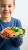 Happy young boy holding plate of fresh sliced carrots and cucumbers with parsley garnish for healthy eating and nutrition education.