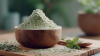 Green clay powder in wooden bowl with mint leaves on wooden cutting board, natural skincare ingredient for cosmetic masks and treatments.