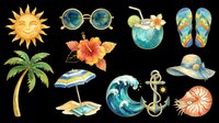 Watercolor summer beach clipart set with sun, palm tree, coconut drink, flip flops, anchor, and wave, isolated on transparent background for stickers and t-shirt design.