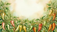 Colorful chili peppers with green foliage arranged in a decorative border frame on cream background, suitable for culinary designs, recipe cards, and kitchen decor projects.