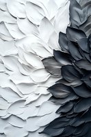 Abstract textural composition of layered white and dark gray paper leaves creating contrast and depth for modern interior design backgrounds.