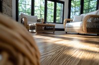 Sunlight streaming through large windows creates dramatic shadows on wooden floor in modern sunroom with woven rattan furniture and plush cushions.