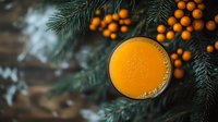 Fresh orange juice in glass with sea buckthorn berries and pine branches on rustic wooden background, top view. Natural vitamin drink for winter health and immunity boost.