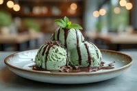 Mint chocolate chip ice cream scoops with chocolate sauce and fresh mint garnish on white plate in cozy restaurant setting for dessert menu.