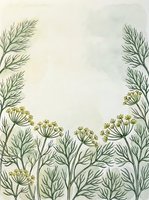 Botanical illustration with delicate fennel or dill plants featuring feathery green foliage and yellow umbrella-shaped flower clusters on cream background. Isolated design element suitable for stationery, textiles, and botanical artwork projects.