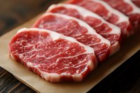 Raw marbled beef ribeye steaks arranged in row on brown kraft paper, showing rich meat texture and white fat marbling pattern on dark wooden surface.
