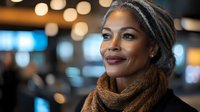 Mature African American woman with gray braided hair and warm smile wearing brown scarf against blurred bokeh lights background, expressing confidence and wisdom.