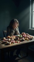 Middle-aged woman with gray hair sitting at wooden table covered with assorted donuts, holding face in hands showing distress or concern about unhealthy food choices and diet temptation.
