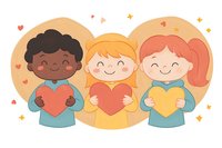 Diverse group of happy children holding colorful heart shapes with decorative stars and small hearts background in cute cartoon style. Friendship concept.