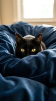 Black cat with bright yellow eyes peeking from cozy blue blankets in sunlit bedroom. Domestic feline resting on soft bedding near window for comfort concepts.