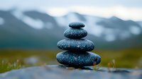 Balanced stack of smooth gray stones on blurred mountain landscape background creates zen atmosphere for wellness, meditation and spa concepts.