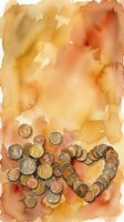 Watercolor coins arranged in heart shape on warm orange yellow background. Financial love concept for banking investment savings romance themes.