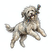 Playful cream-colored dog with shaggy coat holding toy rope in mouth, isolated on white background for design and print use.