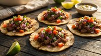 Shredded beef tacos with fresh toppings, lime, and sauce on wooden surface for food photography and culinary content.
