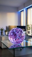 Futuristic purple glowing sphere with geometric network patterns on glass table in modern minimalist interior with LED lighting for technology concepts.
