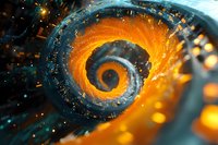 Glowing spiral vortex with orange and blue cosmic energy swirl, abstract digital art background for technology or science concepts.