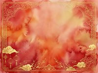 Watercolor gradient background in warm red, orange, and gold tones with ornamental golden borders and cloud motifs, suitable for invitations, posters, and festive designs.