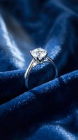 Elegant diamond solitaire engagement ring on luxurious blue velvet fabric with dramatic lighting for wedding and jewelry advertising campaigns.