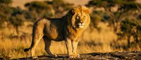 Majestic male lion standing proudly on rocky outcrop during golden hour sunset in African savanna with acacia trees in background.