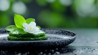 Spa composition with white jasmine flower and wet green leaves on black stone plate against blurred background with water drops and bokeh.
