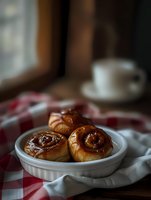 Fresh baked cinnamon rolls with caramel glaze served in white ceramic dish on red checkered cloth. Cozy morning atmosphere with coffee cup in background.
