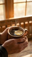 Hands holding steaming mug with lemon slice and hot beverage by sunny window, warm cozy morning atmosphere for wellness and lifestyle content.