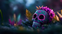 Vibrant Mexican sugar skull decorated with turquoise and pink patterns, adorned with purple flowers and golden feathers against dark mystical background.