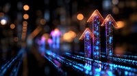 Glowing blue digital arrows pointing upward with light trails on dark background, representing growth, technology advancement and financial success.