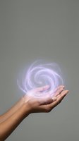 Human hands cupping glowing purple energy spiral with magical light effects on neutral background for wellness and spiritual concepts.