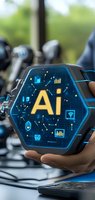 Futuristic hexagonal device displaying AI technology with glowing blue interface and golden letters, showing various connected icons and data visualization elements.