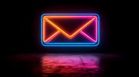 Glowing neon mail envelope sign with vibrant red and blue colors reflecting on dark wet surface, modern communication concept for business and technology.