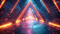Futuristic neon triangle tunnel with glowing orange and blue lights creating perspective depth effect against dark background with particles and reflections.