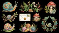 Colorful snail clipart set with mushrooms, ferns, berries, envelope, and wreath, isolated on transparent background, ready for stickers, t-shirt design, and print on demand.