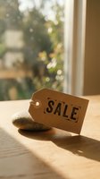 Kraft paper sale tag leaning on a smooth stone on a wooden surface in warm sunlight, bokeh window background for retail promotion.