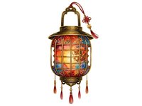 Ornamental lantern with colorful stained glass panels and brass metalwork, featuring decorative tassels, isolated on white background for holiday decor, festive design, and seasonal home decoration projects.