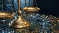 Brass balance scales suspended over circuit board with glowing digital network connections, symbolizing justice, fairness, and technology integration in legal and regulatory compliance systems.