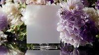 Elegant white square mockup display on acrylic stand surrounded by fresh purple and white peonies creating romantic floral frame composition.