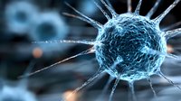 Microscopic view of blue glowing virus cell with spiky surface and protruding extensions against dark background, scientific medical visualization.