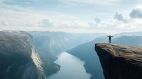 Person with raised arms standing on Preikestolen cliff edge overlooking dramatic fjord landscape in Norway with steep mountain walls and blue water under cloudy sky.