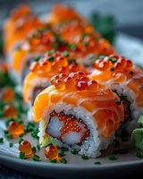 Fresh salmon sushi rolls topped with raw fish slices and red caviar, garnished with chives and tobiko roe, served on white plate. Close up macro shot.
