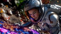 Young Asian female astronaut in futuristic spacesuit examining glowing purple and orange energy formation against dark space background, dramatic lighting and reflections on helmet visor.