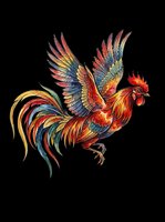 Vibrant rooster with flowing tail feathers in red, gold, and blue tones, isolated on transparent background. Ready for t-shirts, stickers, clipart, and print-on-demand designs.