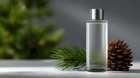 Elegant glass bottle with pine branch and cone on minimalist surface, showcasing natural cosmetic product for skincare advertising.