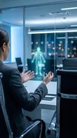 Businesswoman interacting with holographic human body projection in modern office environment showcasing futuristic medical technology and digital innovation.