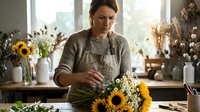 Female florist arranging sunflower bouquet in bright workshop studio. Professional woman creating floral arrangements at wooden table with natural light.