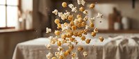 Flying popcorn kernels bursting in mid-air against cozy kitchen background with warm natural lighting for food photography and culinary content.