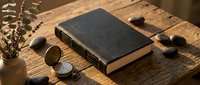 Vintage leather-bound book with brass compass and dried herbs on rustic wooden table creates atmospheric still life for educational content.