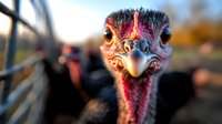Close up portrait of an ostrich face with intense eyes and distinctive pink and gray feathers, showing curious expression in warm sunset lighting. Suitable for wildlife articles.